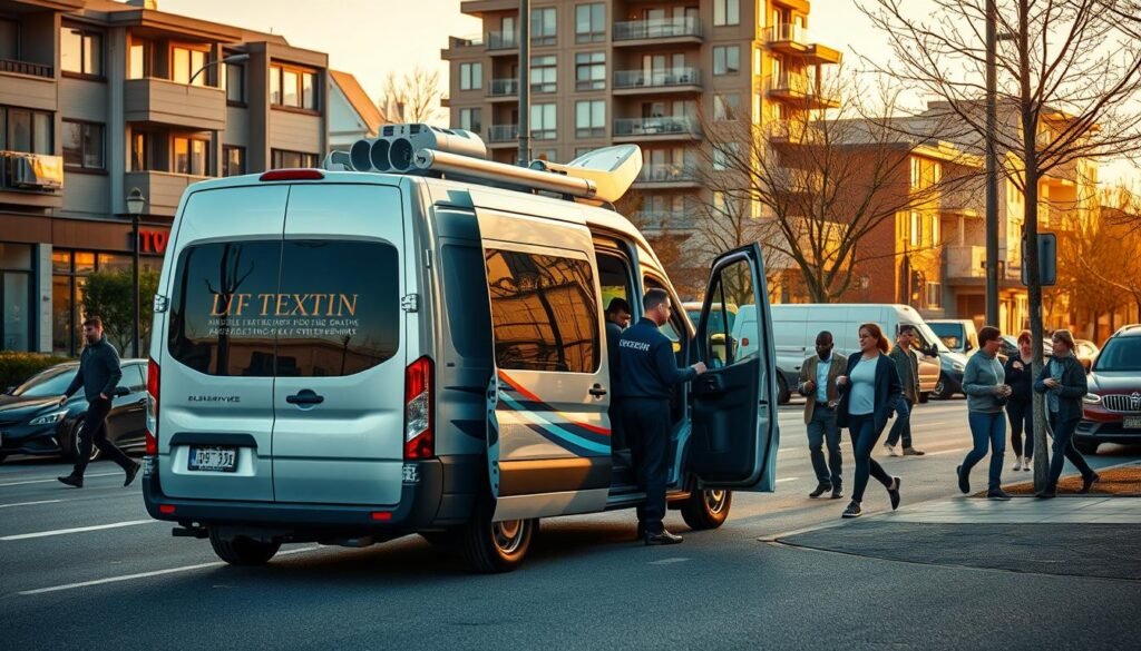 A bustling urban setting in Kitsilano, with a sleek, modern mobile tire repair van in the foreground. The van's technicians are expertly assessing a flat tire, their tools and equipment neatly organized. In the middle ground, passersby are walking by, unaware of the efficient service being provided. The background features a mix of residential and commercial buildings, with a warm, golden-hour lighting casting a pleasant glow over the scene. The overall atmosphere conveys the misconception that mobile tire repair is inconvenient or time-consuming, when in reality, it is a quick and hassle-free solution.