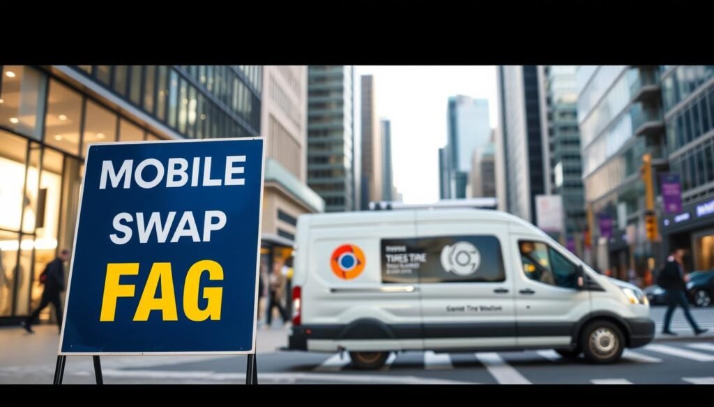 A crisp, clean mobile tire swap FAQ sign stands prominently in the foreground, its bold text and vibrant colors catching the eye. The middle ground features a well-equipped mobile tire swap van, its logo and branding visible. The background showcases the bustling streets of downtown Vancouver, with high-rise buildings, busy traffic, and pedestrians going about their day, creating a sense of the service's urban setting. The lighting is soft and natural, emphasizing the professionalism and reliability of the mobile tire swap service. The overall composition and mood convey a sense of efficiency, convenience, and customer-focused service.