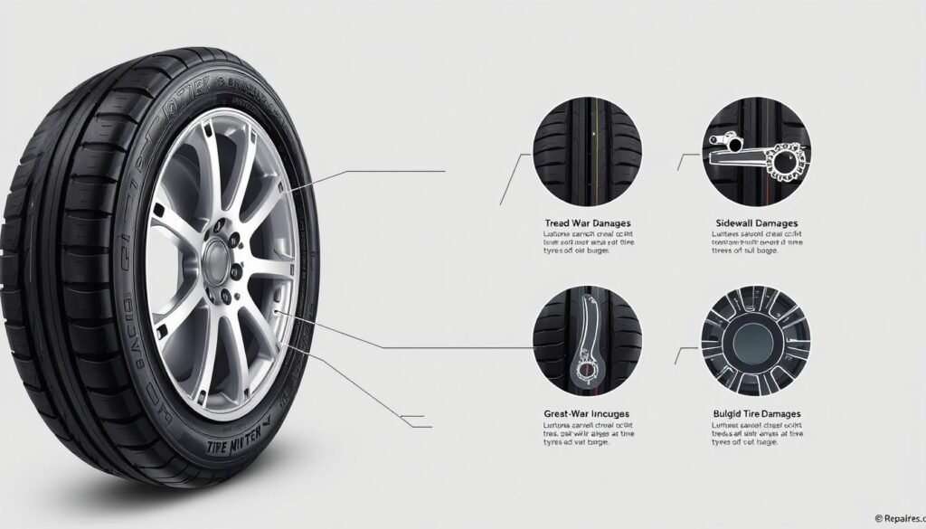 A detailed technical diagram showcasing various types of tire damage, presented in a clean, informative style. The foreground features a close-up view of a cross-sectioned tire, meticulously illustrating common issues such as tread wear, sidewall cracks, punctures, and bulges. The middle ground highlights detailed close-up views of each damage type, with labels and concise descriptions. The background is a neutral, muted tone, allowing the technical elements to take center stage. Crisp lighting and a high-resolution camera angle create a professional, educational atmosphere, suitable for a repair guide.