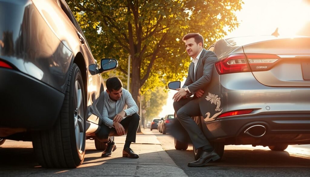 A sunny afternoon on a bustling city street, a person crouched beside a parked car, their hands skillfully changing a flat tire. The customer, a young professional in a crisp suit, watches intently, a relieved expression on their face as the mobile tire change service technician works efficiently. Warm, golden light filters through the leaves of a nearby tree, casting a soft glow on the scene. The car's sleek, metallic exterior reflects the surrounding urban landscape, while the technician's uniform and tools convey a sense of professionalism. The overall atmosphere is one of competence, convenience, and customer satisfaction.