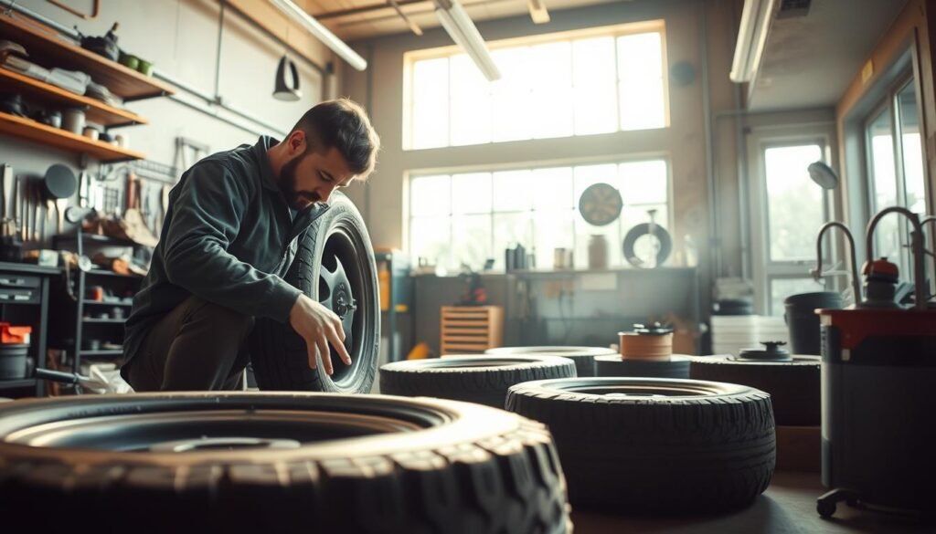 A tranquil scene of a workshop specializing in sustainable tire repair practices. In the foreground, a mechanic carefully patches a tire using eco-friendly materials and techniques. The middle ground showcases various tools and equipment, meticulously organized, reflecting a commitment to efficiency and environmental responsibility. In the background, natural light streams in through large windows, illuminating the space and creating a serene, almost meditative atmosphere. The overall composition conveys a sense of professionalism, attention to detail, and a dedication to providing a sustainable solution for tire maintenance. The image is captured using a wide-angle lens, emphasizing the depth and scale of the workshop, while soft, warm lighting enhances the sense of calmness and care.