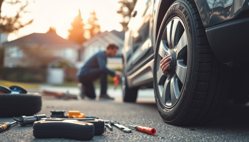 A well-lit, close-up view of a mobile tire change service process in Burnaby. In the foreground, a mechanic kneeling beside a car, expertly removing the flat tire. Mid-ground, tools and equipment neatly arranged, conveying efficiency. The background features a residential neighborhood, with houses and trees, suggesting a convenient, on-site service. Soft, warm lighting creates a inviting atmosphere, while the composition emphasizes the mechanic's skilled hands at work. The overall scene captures the seamless, professional experience of a mobile tire repair service in Burnaby.