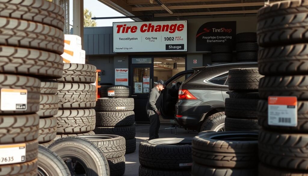 Detailed landscape of a tire shop in a suburban area of British Columbia, Canada. The foreground features various tire sizes and types, neatly arranged on shelves, conveying the range of options available. The middle ground showcases a technician changing a tire on a car, demonstrating the service. The background depicts the exterior of the shop, with signage highlighting "Tire Change Pricing" and other relevant information. The lighting is natural, with soft shadows and highlights, creating a welcoming atmosphere. The overall composition emphasizes the professionalism and expertise of the tire shop, catering to the needs of local drivers.