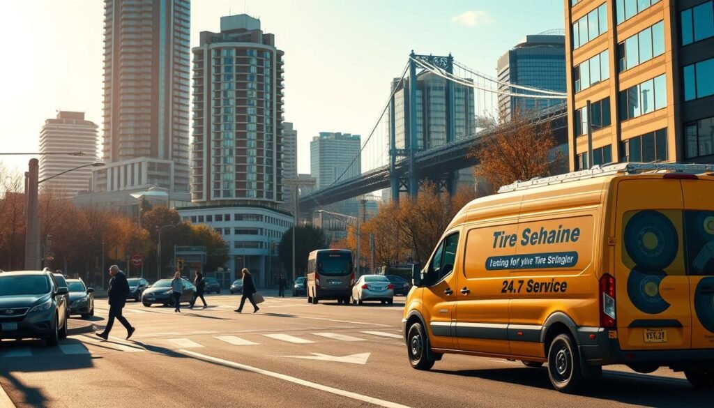 A city street in Vancouver, British Columbia, with a mobile tire change service van prominently displayed in the foreground. The van is brightly colored and clearly marked with the company's logo and "24/7 Service" messaging. In the middle ground, pedestrians and other vehicles suggest a bustling urban environment, while the background features recognizable landmarks like towering skyscrapers and the iconic Lions Gate Bridge. The scene is bathed in warm, golden afternoon light, conveying a sense of availability and accessibility for the on-demand tire change service. The composition emphasizes the convenience and reliability of the mobile service, ready to assist drivers in the heart of the city at any time.