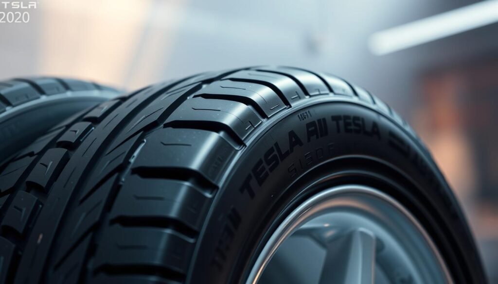 A close-up view of a Tesla tire, showcasing its intricate maintenance specifications. The tire is set against a sleek, metallic background, with subtle reflections that convey a sense of precision and technological sophistication. The tread pattern is prominently displayed, highlighting the unique design and engineering that caters to the performance demands of Tesla vehicles. Soft, directional lighting accentuates the tire's contours, lending a sense of depth and dimensionality to the image. The overall composition strikes a balance between technical details and an aesthetically pleasing presentation, reflecting the role of Tesla in tire maintenance and the importance of specialized care for these high-performance vehicles.