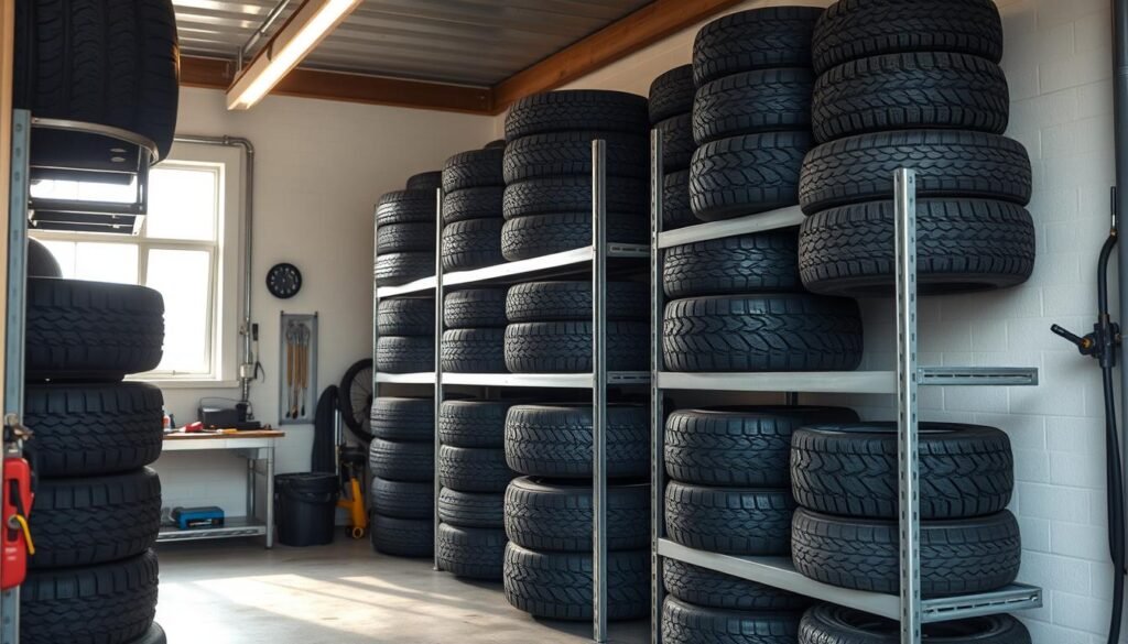 A cozy, well-lit garage interior, featuring neatly stacked seasonal tires arranged on sturdy metal shelves. The tires, a mix of all-season and winter models, are organized by size and tread pattern, showcasing the efficient storage system. The background is clean and uncluttered, with a workbench and tool storage visible, creating a professional, organized atmosphere. Soft, natural lighting filters in through a window, casting a warm glow on the tires and highlighting their different textures and colors. The overall scene conveys a sense of practicality and attention to detail, providing a visual representation of effective seasonal tire storage solutions for British Columbia drivers.