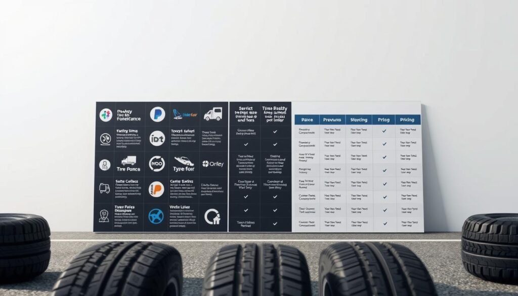A detailed and visually striking selection guide for mobile tire change services, showcasing various options against a clean, minimal background. The foreground features a grid-like layout of different service icons and provider logos, each with a succinct description. The middle ground presents comparison charts highlighting key features like response times, service areas, and pricing. The background maintains a soft, serene tone with muted colors to make the information the focal point. Crisp, high-resolution photography and a modern, professional aesthetic convey the reliability and expertise of the mobile tire change providers.