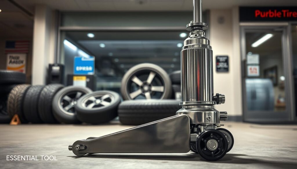 A hydraulic jack, its chrome-plated body gleaming under a soft, diffused light, stands prominently in the foreground. The jack's intricate mechanisms and sturdy construction convey a sense of reliability and functionality. In the middle ground, a set of tire treads and rims suggest the context of mobile tire repair, while the background features the clean, modern architecture of a Burnaby, BC storefront, hinting at the professional and well-equipped nature of the service. The overall scene exudes a mood of precision, efficiency, and attention to detail, perfectly capturing the "Essential Tool" for the mobile tire repair industry.
