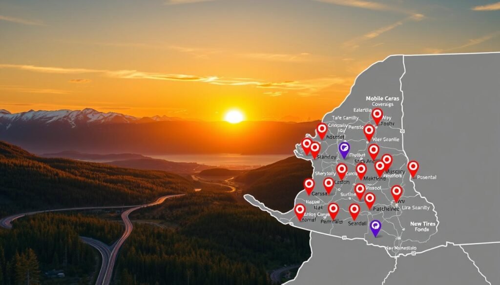 A map of British Columbia, Canada, with vibrant icons denoting the locations of mobile tire swap service areas. The foreground features detailed markers highlighting the extensive coverage across the province, from bustling urban centers to remote rural communities. The middle ground showcases the diverse landscapes of BC, from snow-capped mountains to lush forests and winding highways. The background is illuminated by a warm, golden sunset, creating a sense of accessibility and convenience for busy families seeking tire services on the go. The image is captured with a wide-angle lens, conveying a comprehensive view of the service areas and the beautiful natural surroundings of British Columbia.