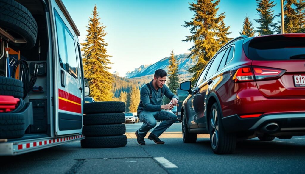 A mobile mechanic providing tire services on a busy street in British Columbia. In the foreground, a fully-equipped service van with tires and tools on display. In the middle ground, a mechanic in overalls crouching down, examining the tire of a customer's car. The background showcases the natural beauty of BC, with towering pine trees, snow-capped mountains, and a clear blue sky. Soft, warm lighting illuminates the scene, creating a sense of professionalism and reliability. The overall mood is one of efficient, high-quality service in a picturesque Pacific Northwest setting.