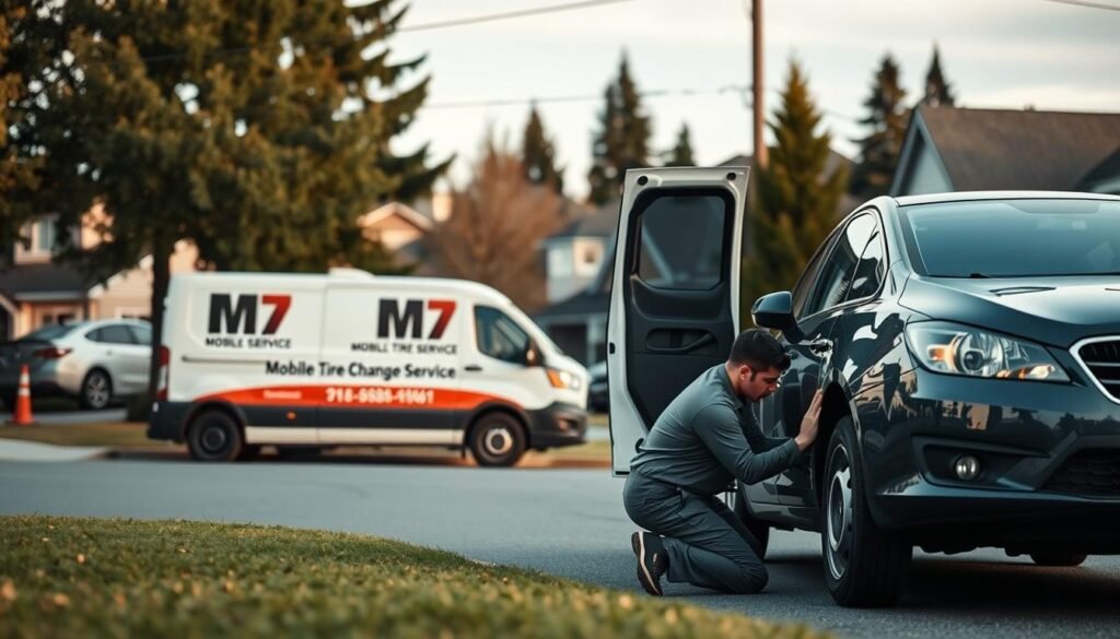 A mobile tire change service van parked on a residential street in Vancouver, British Columbia. The van has a prominent logo and branding on the side, indicating it is the "M7 Mobile Tire Change Service". In the foreground, a technician in a uniform is kneeling next to a car, replacing a flat tire. The mid-ground shows surrounding houses and trees, creating a suburban setting. The scene is illuminated by soft, natural lighting, creating a warm and inviting atmosphere. The angle is slightly elevated, providing a clear view of the van and the technician at work. The overall impression is of a reliable and efficient tire change service, ready to assist drivers in need.