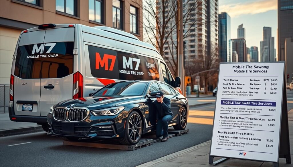 A modern, sleek service van parked on a nondescript urban street in Vancouver, its side panels displaying the "M7 Mobile Tire Swap" logo and pricing information. In the foreground, a luxury sedan rests on wheel ramps, with a skilled technician inspecting the tires. The mid-ground features an informative display board detailing the various mobile tire swap services and associated costs, presented in a clean, easy-to-read format. The background showcases the bustling city skyline, hinting at the convenience of this on-the-go tire solution for discerning clients. Warm, natural lighting and a sense of professionalism permeate the scene, capturing the essence of "Understanding the Cost of Mobile Tire Swap Services" for high-end vehicles in Vancouver.
