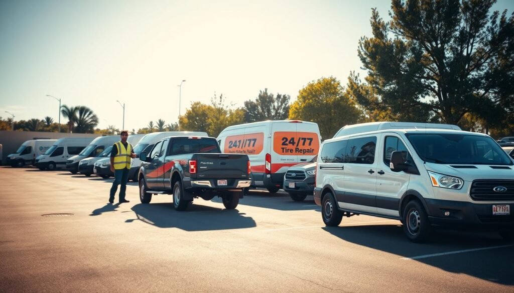 A sunny, open-air parking lot with various mobile flat tire repair service vehicles prominently displayed. In the foreground, a pickup truck with its tire being changed by a technician in a reflective safety vest. In the middle ground, a van with the company logo and "24/7 Tire Repair" signage. In the background, additional service trucks and vans of different makes and models, conveying a sense of professionalism and a range of options for the customer. The lighting is warm and natural, creating a welcoming atmosphere. The camera angle is slightly elevated, giving an overview of the scene and emphasizing the variety of mobile repair services available.