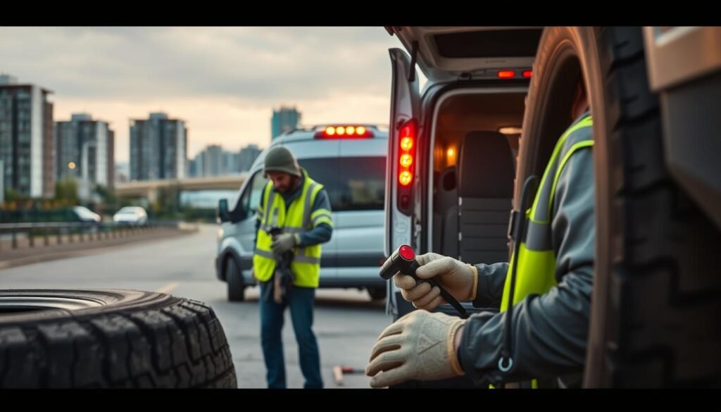 A well-equipped mobile tire repair service in Burnaby, British Columbia. In the foreground, a technician in a high-visibility safety vest and protective gear inspects a tire, tools at the ready. In the middle ground, a sturdy mobile tire repair van with flashing amber lights stands ready to provide on-site service. The background features the urban landscape of Burnaby, with modern buildings and infrastructure. Warm, diffused lighting illuminates the scene, creating a professional and safety-conscious atmosphere. The composition emphasizes the importance of proper safety equipment and procedures for mobile tire repairs, ensuring the well-being of both the technician and the customer.