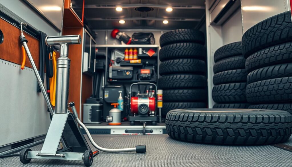 A well-equipped mobile tire service truck stands ready, its compartments and tools meticulously organized. In the foreground, a hydraulic floor jack, tire iron, and lug wrench gleam under the warm lighting. The middle ground showcases an air compressor, tire inflator, and a selection of tire patches and sealants. In the background, a full complement of replacement tires in various sizes are neatly stacked, awaiting their chance to be swapped in. The overall scene conveys a sense of preparedness and efficiency, reflecting the team's commitment to providing swift, reliable roadside assistance.