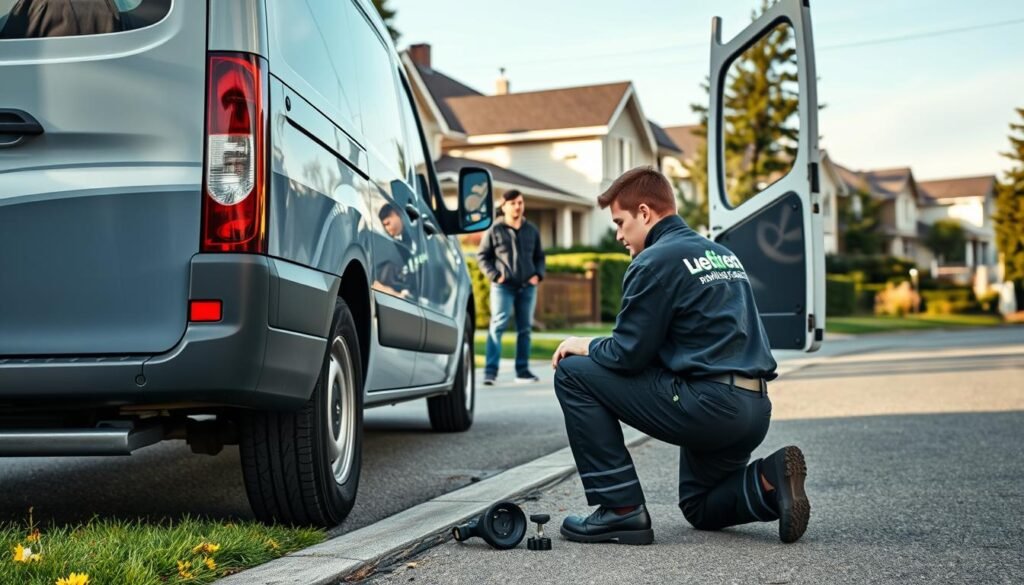 A well-lit, high-angle view of a residential street in Vancouver, with a mobile tire service van parked on the curb. In the foreground, a technician in a branded uniform kneels beside a car's rear wheel, inspecting the tire and preparing the necessary tools and equipment. The middle ground features a homeowner observing the process, while the background showcases the typical architecture and landscaping of a quiet suburban neighborhood. The scene conveys a sense of professionalism, efficiency, and the convenience of on-site tire service.