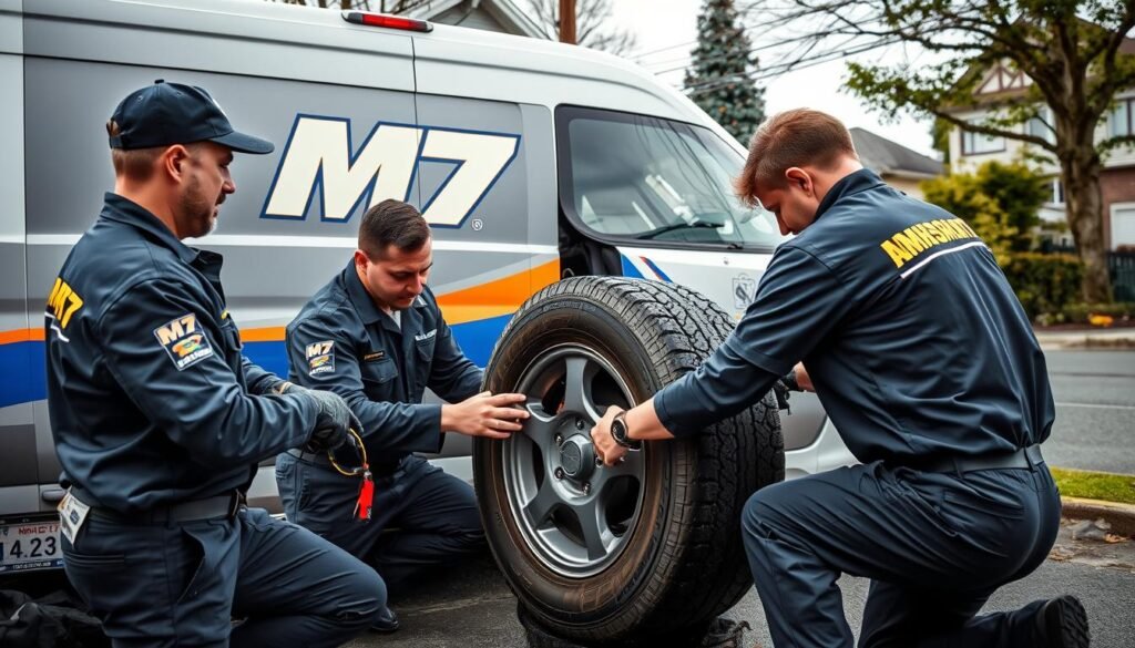 A well-lit, high-resolution image of three professional M7 Mobile Tire Change technicians in their uniforms, working diligently to change a tire on a customer's vehicle. The technicians are using specialized tools and equipment, showcasing their expertise and attention to detail. The scene conveys a sense of efficiency, competence, and customer-centric service, reflecting the high standards of the M7 Mobile Tire Change Service. The background features the M7 branded service van and the surroundings of the Kitsilano Flats neighborhood, establishing the context of the service location.