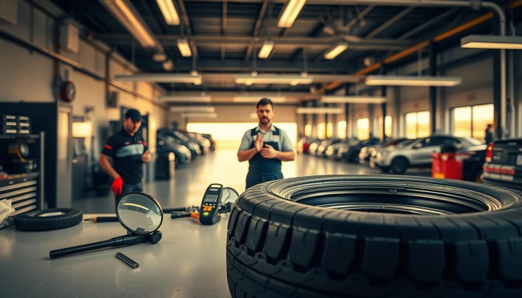 A well-lit, slightly angled view of a tire repair consultation counter, showcasing a range of essential tools and equipment. In the foreground, a tire sits on the counter, surrounded by a magnifying glass, tire gauge, and a set of tire repair kits. The middle ground features a technician in a uniform, gesturing as they explain the repair process to a customer. The background captures the service bay, with various vehicles in the distance and a clean, organized workspace. The lighting is warm and natural, creating a professional, reassuring atmosphere for the customer.