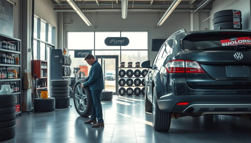 A well-lit, spacious tire repair shop in British Columbia, with a focus on customer service. In the foreground, a mechanic expertly changing a tire on a customer's car, using modern tools and equipment. In the middle ground, shelves stocked with a wide range of tires, lubricants, and accessories, conveying the shop's comprehensive offerings. The background features large windows, allowing natural light to flood the space and creating a welcoming atmosphere. Subtle branding elements, such as signage or logos, are present but not overpowering. The overall scene exudes professionalism, efficiency, and a commitment to providing top-notch tire repair services to the local community.