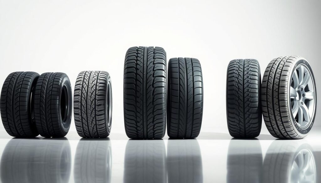 A well-lit studio comparison of different tire types, showcasing their distinct features and profiles. In the foreground, a row of four distinct tire treads - all-season, winter, performance, and off-road - arranged on a clean, reflective surface. The midground features a side-by-side view of the tire sidewalls, highlighting their respective branding, construction, and size details. In the background, a softly lit, seamless backdrop creates a clean, professional setting. The overall composition emphasizes the visual differences between these tire types, inviting the viewer to closely examine their unique characteristics.