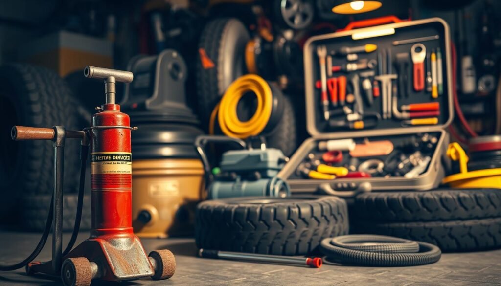 A well-lit workshop filled with a variety of mobile tire repair equipment. In the foreground, a hydraulic floor jack and a heavy-duty torque wrench stand ready. In the middle ground, a portable air compressor and a tire inflator hose are neatly arranged. In the background, a toolbox with an assortment of tire repair tools, including a tire plug kit, a tire patch kit, and a tire valve stem remover, creates a sense of a fully-equipped mobile tire repair setup. The lighting is warm and inviting, casting a soft glow over the scene, conveying a professional and capable atmosphere.