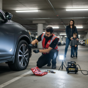 Underground parkade flat tire Vancouver clearance, access, and safe recovery35