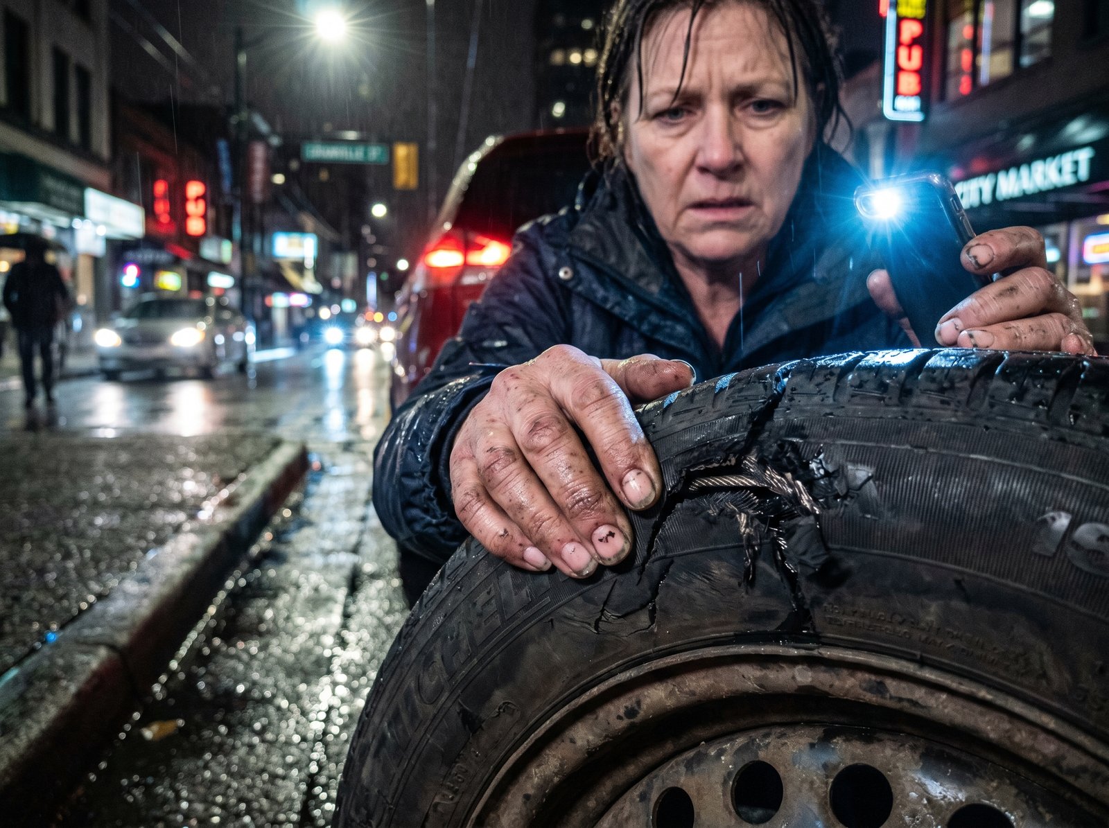 Mobile Flat Tire Repair Near Me In Downtown Vancouver At Night